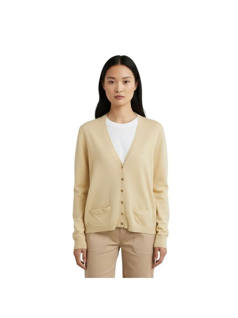 Lauren Ralph Lauren Beige Cotton V-Neck Logo Cardigan Sweater Women’s Size Small - Picture 5 of 15